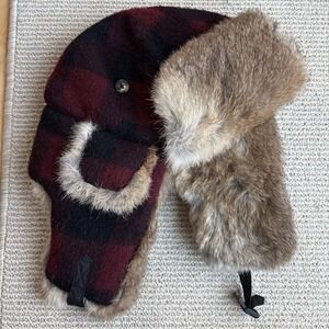 Mad Bomber Rabbit Fur Trapper Hat Red Black Plaid Large Wool Winter Ear Flaps